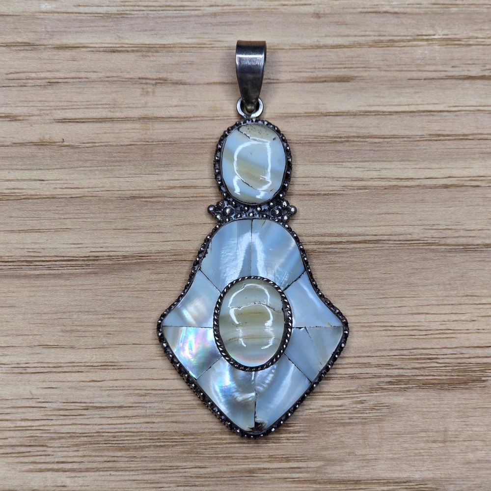Artisan Statement 3" Pendant 925 Sterling Silver Mother of Pearl Mosaic Shell